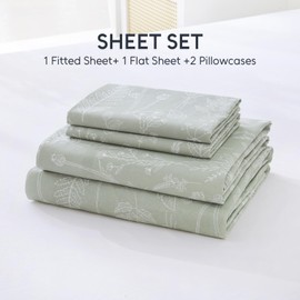 Homilay 100% Natural Cotton Percale Sheets Set,King Size 4 PC, Breathable&Durable Hotel Quality Bedding, 16" Deep Pocket Botanical Floral Bedsheets,Sage Green