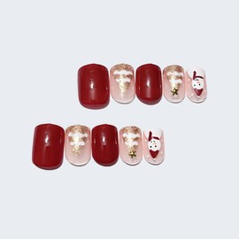 Christmas Glossy Fake Nails French Short White Snowflakes Full Cover False Nails Press on Nails for Women Girls DIY Art Decoration (24 PCS)