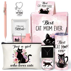 Pickmesh 11 Pcs Cat Lover Gifts for Women Cat Mom Gifts Box Cat Gifts for Cat Lovers Cat Themed Gift Basket Set for Christmas Birthday Friend Sister Wife Best Cat Mom Ever Gift with 20 oz Tumbler