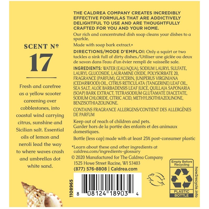 Caldrea Dish Soap, Biodegradable Dishwashing Liquid made with Soap Bark