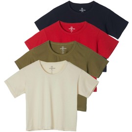 Real Essentials 4 Pack: Women's Cotton Short Sleeve Crop Top – Cropped Casual Crew Neck T-Shirts (Available in Plus Size) Set 6, M