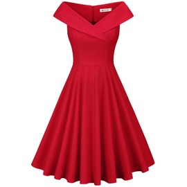 MUXXN Women's Vintage 50s Retro Sleeveless Midi V Neck Cocktail Party Swing Dress Red M