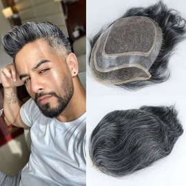 HAPPY&CC Hair Replacement System for Men Fine Mono with Poly PU Men's Toupee Wigs Human Hair 50% 1B OFF Black with 50% Synthetic Grey White Hair Toupee 10x8 Inch