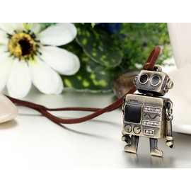 JewelryWe Boys Girls Alloy Leather Pendant Necklace Vintage Bronze Alien Robot Adjustable 31.5 Inch Chain (with Gift Bag)