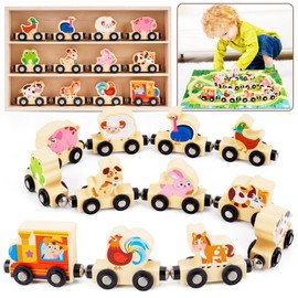 KMTJT Wooden Farm Train Set - 12 Animals Train with Game Map - Toy Train Sets for Kids Toddlers Boys And Girls - Christmas Birthday Gifts for Boys, Girls - Compatible With All Major Brands