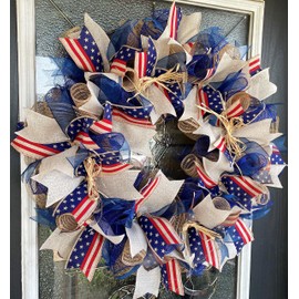 Simple Rustic Farmhouse Patriotic 4th Fourth of July Deco Mesh Front Door Wreath, Cowboy Birthday Country Western Decor, Porch Patio Decoration