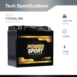 ExpertPower YTX20L-BS 12 Volt Battery 20Ah SLA AGM Battery for CAN-AM Outlander 800 EFI Renegade 06-09, 330 CCA, Sealed Lead Acid, Maintenance-Free, 12-Month Coverage