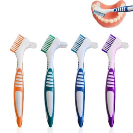 argtnayk Pack of 4 Denture Toothbrushes, Double-Sided Toothbrush with Hard Bristles, Effective Cleaning for Dentures and Braces, Ergonomic Design with Four Colours for Easy Use