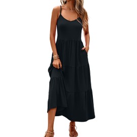 Halife Womens Maxi Dresses for Summer Spaghetti Strap Long Flowy Sundresses with Pockets Black Tiered Dress Cotton S