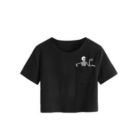 SweatyRocks Women's Cute Floral Print Cropped Tee Short Sleeve Crop Top Skull Black M