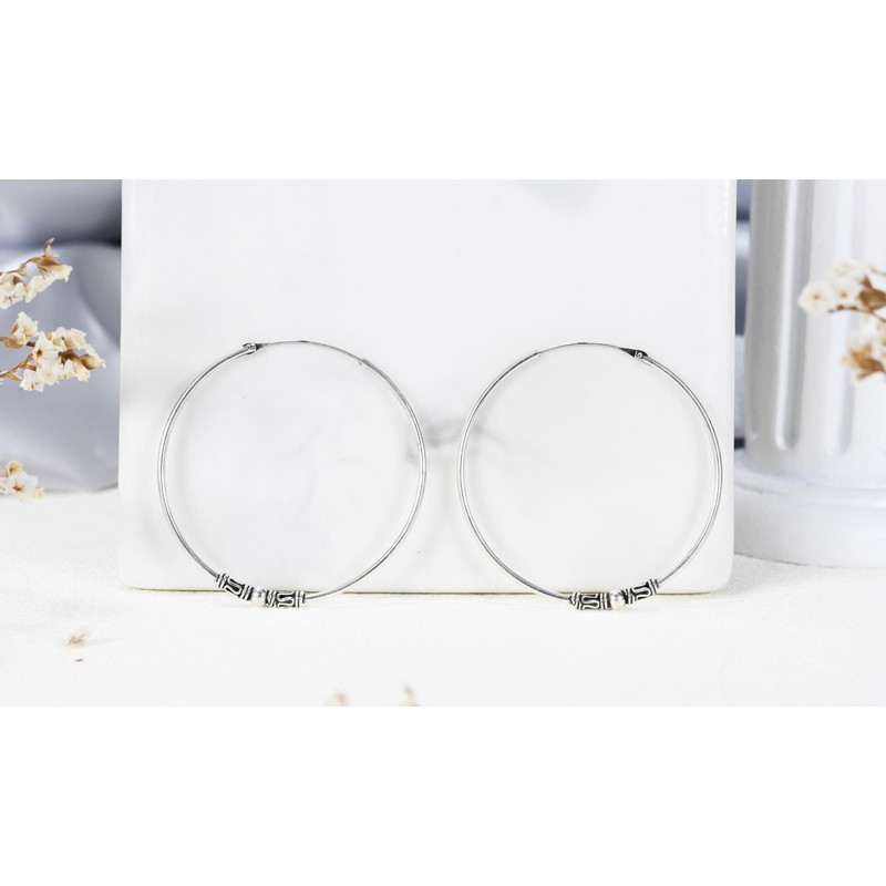 AeraVida Ethnic Balinese Beaded .925 Sterling Silver 40mm Large Hoop