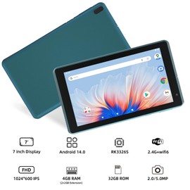 BYANDBY Tablet 7 inch Android 14.0 Tablet, 4GB+32GB ROM （1TB Expand）, Quad-Core, WiFi, GMS, Dual Camera, Educational, Games (Green)