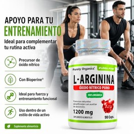 L Arginina 1200 mg | Pre Entreno y Óxido Nítrico | Con Bioperine Mayor Biodisponibilidad | Pre Workout sin Cafeína. Purely Organics, Arginina 90 Cápsu