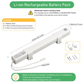 HUIYEETEX DC1278B 12V Rechargeable Battery Pack for Motorized Blinds&Shades, Reloadable Battery Wand with 2 PIN Female JST Connector for DC12V Tubular Motor—Wall Mount Clips Included
