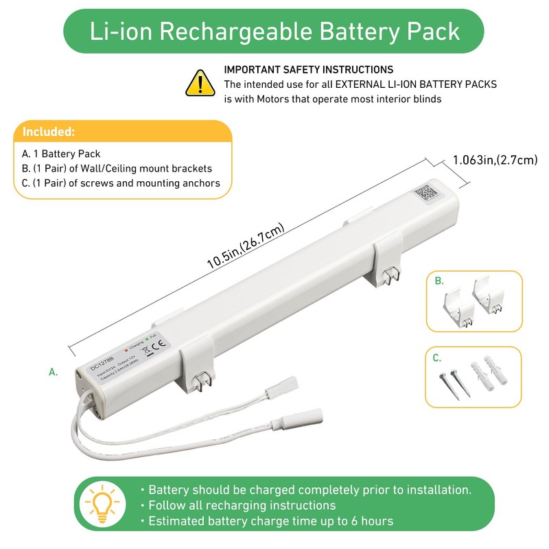 HUIYEETEX DC1278B 12V Rechargeable Battery Pack for Motorized Blinds&Shades, Reloadable