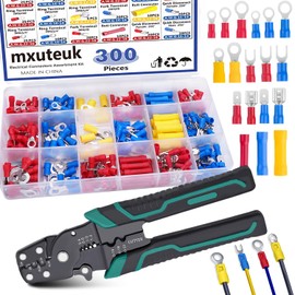 mxuteuk Crimping Tool with Insulated Wire Electrical Connector Assortment Kit with Ring, Spade, Butt, Quick Disconnect, Crimp Automotive Cable Clamps