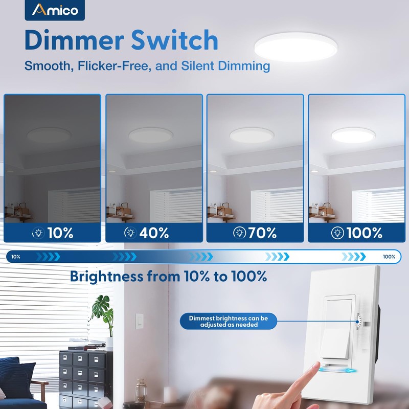 Amico 12 Pack Dimmer Light Switch, Single-Pole or 3-Way Slide