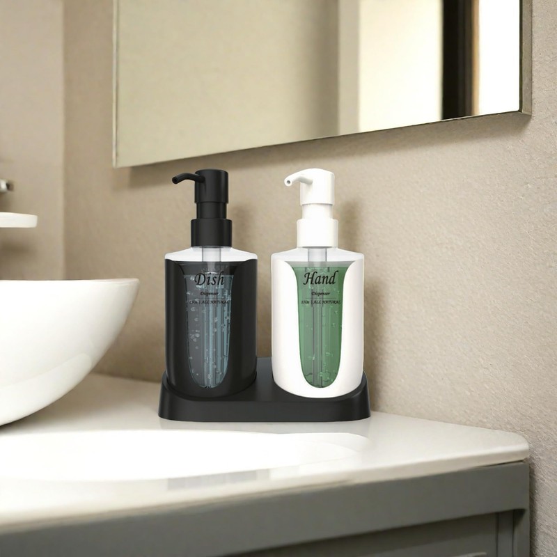 Hand and Dish Soap Dispenser with Black Tray & 4