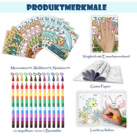 ICEPAPA, 12 mini colouring books for children and 12 wax crayons, stackable (12 colours in 1), perfect for party bags, children's birthday, farewell gift, nursery and small gifts for children