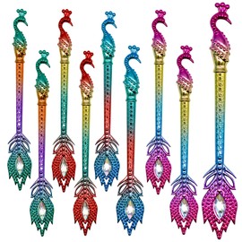 Lopenle 24 PCS Colorful Peacock Gel Pens Fancy Feather Pens With Diamond Blue Ink Pens For School Office Bithday Christmas Party