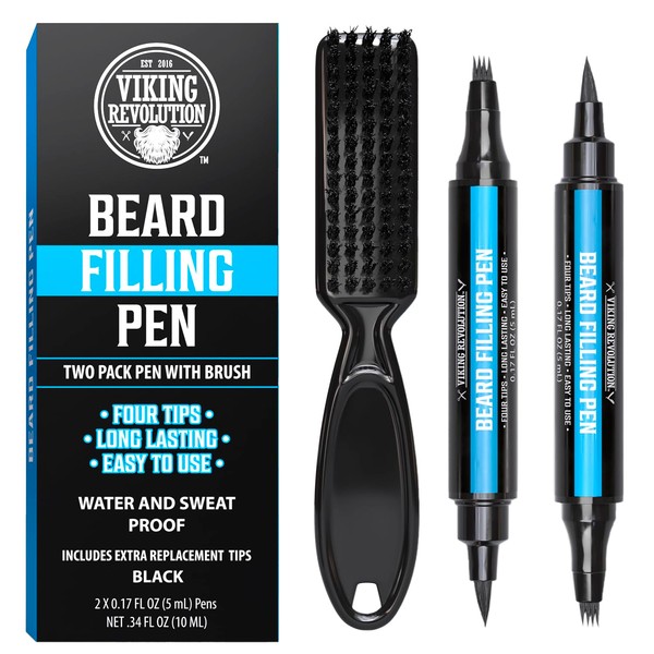 Viking Revolution Beard Pen (2 Pack) - Black Beard Pencil Filler for Men Lapiz para Barba de Hombre - Beard Filler for Men Waterproof Beard Filling Pen Kit - Long Lasting Beard Filler Pen with Brush