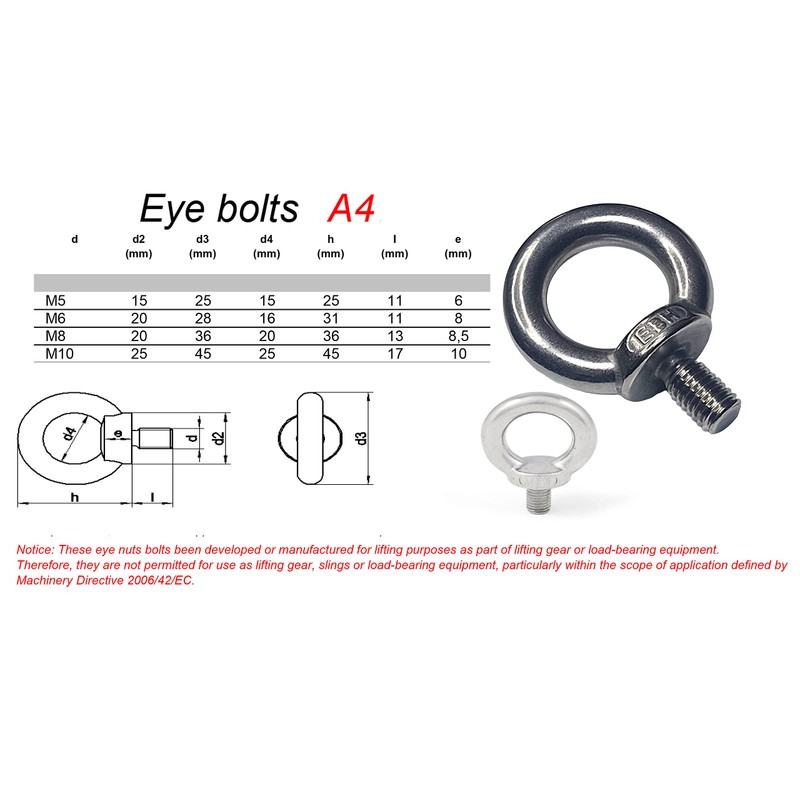 M8 Lifting Eye Bolts Made from Marine Grade A4 Stainless