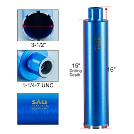 SALI Wet Diamond Core Drill Bits 3-1/2"/92mm Diameter, 15"/380mm Drilling Depth Concrete Core Drill Bit, 1-1/4-7" Thread Core Bit Turbo Laser-Welded Segments with Rebar, Brick, Block, Masonry, Stone