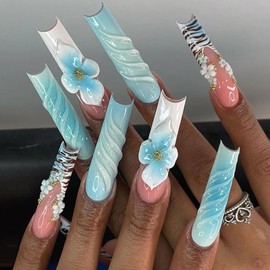 MISUD Press on Nails - Long Square Glue on Nails with Summer Blue, Acrylic Handmade 3D Flower Design 24 pcs