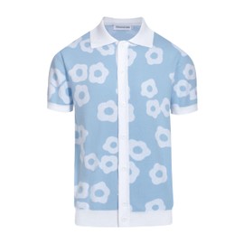 OXKNIT Mens Vintage Polo Shirts Casual Flower Pattern Knit Golf Polo Shirts Short Sleeve Jacquard Design Light Blue
