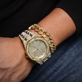 Halukakah Diamonds Gold Watch Iced Out,Men's 18K Real Gold Plated 40MM Width Octagonal Round Dial Quartz Wristband 8.7" with Cuban Link Chain 8" Bracelet Set,Free Giftbox