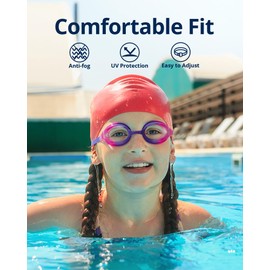 SWAUSWAUK Kids Swimming Goggles, Anti-Fog & Adjustable, Comfortable for 4-10 Years Old (Pink & Purple)
