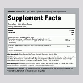 Piping Rock Turmeric Curcumin with Black Pepper Extract | 1000mg | 180 Capsules | Complex Herb Supplement | Non-GMO, Gluten Free
