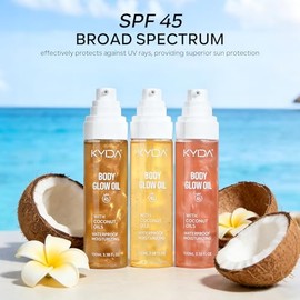 KYDA Protector solar de tamaño de viaje, aceite de brillo corporal SPF 45 con mica de lentejuelas, cocos hidratantes ligeros, aceite SPF resplandecien