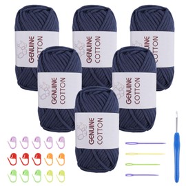 FOGAWA Chunky Yarn for Crochet 6x50g Easy Crochet Yarn for Beginners Cotton Yarn Denim Blue Thick Wool for Crafts Amigurumi with 4mm Crochet Hook 4 Plastic Needles 15 Stitch Markers