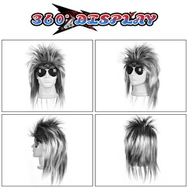 Aomig Mullet Wig Black, 5 Pieces Punk Gothic Rocker Kit with Wig 2 Nylon Wig Cap Bandanas Sunglasses, Hip Hop Disco Costume Accessories for 70s 80s 90s Outfit Women Men