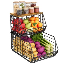 X-cosrack 2-Tier Stackable Wire Baskets for with Wood Lid, Wall Hanging Baskets for Potato and Onion Storage, Fruit Basket for Kitchen Counter, Metal Baskets for Snack Produce Cans