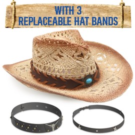 Funcredible Straw Cowboy Hat for Women - Vintage Cowgirl Hat with 3 Replaceable Hat Bands - Western Attire for Men and Women (Style5)