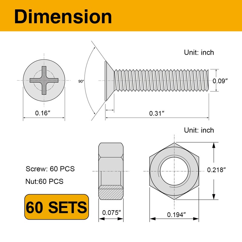 Mrosnail 60Pcs D Series Panel Screw & Nut Kit, Stainless