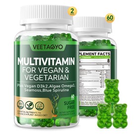 VEETAGYO Multivitamin for Vegan & Vegetarian - Plus Vegan D3, K2, Algae Omega-3, Seamoss, Blue Spirulina - Sugar Free, Strawberry Flavor, Gluten-Free, 120 Count