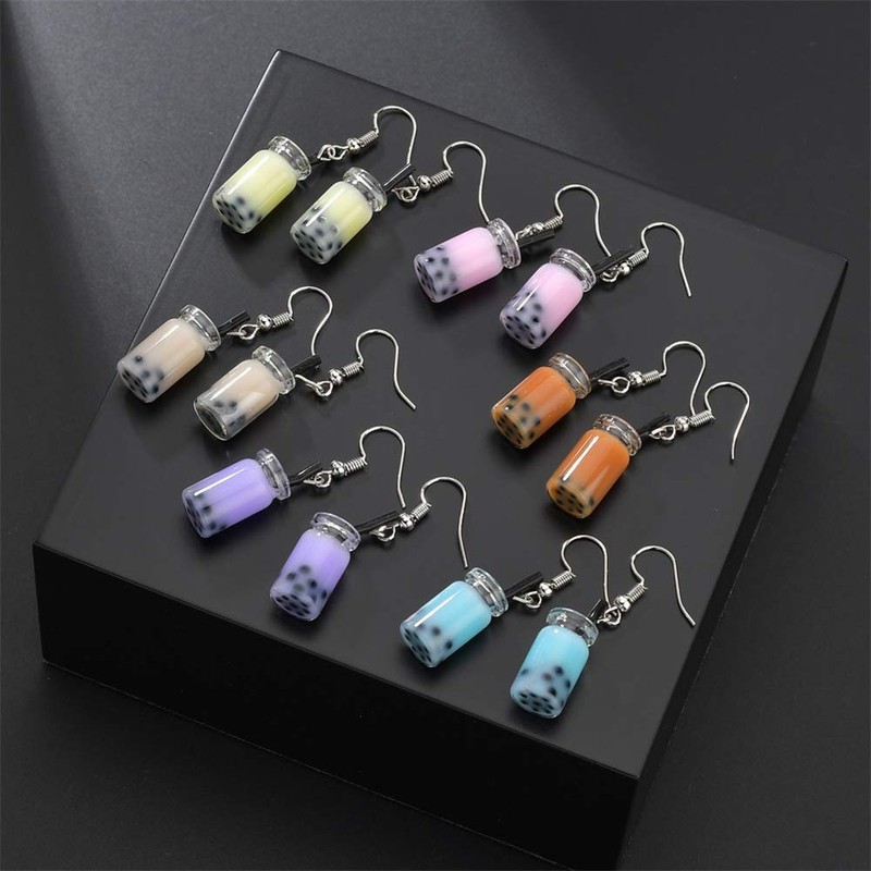 6 Pairs Cute Pearl Milk Tea Dangle Earrings Tea Drop