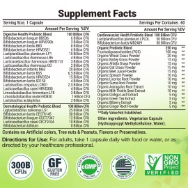 Tbivfller Max Strength Probiotics 300 Billion CFUs Organic Herbs Digestive Health 60 Count