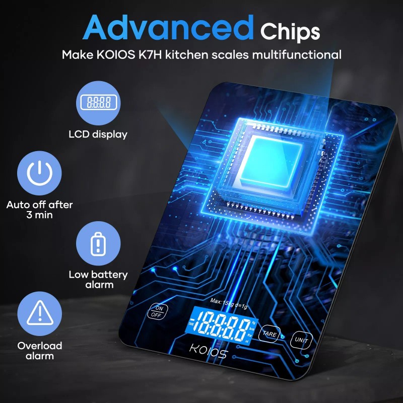 KOIOS Digital Kitchen Scale Touch Glass Diet Food Postal 33lb/15kg