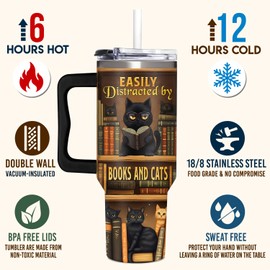 SUFAVN Book Lover Gifts For Women - Cat Book Cup, Cat Lovers Gifts - Book Gifts For Women, Book Lovers, Book Girls, Cat Mom, Cat Owner - Bookshelf Travel Cup - Tumbler 40oz with Handle
