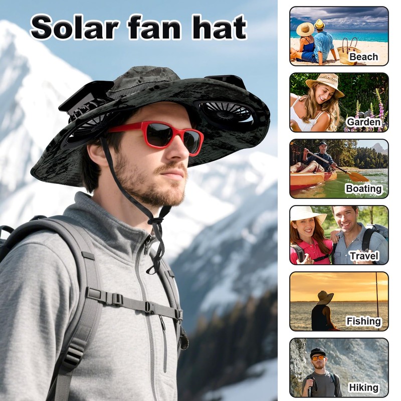 Solar Hat with Fan, Dark Grey Ink Wide Brim Sun