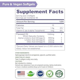 Organic Cold-Pressed Flaxseed Oil : 1500mg with 900mg ALA Omega-3. Vegan. 180 Softgels