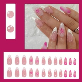 MouyouGlow Press on Nails Short, Almond Nude Pink White French 3D Flowers Floral Design Crystal Pearl Y2K Fake Nails with Nail Glue, White Tips Flowers Rhinestone Summer INS Artificial Fingernails