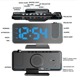 TAKRINK Clock Radio Alarm Clocks for Bedrooms, 7.4 in Digital Mirror Clocks, with 180° Rotatable Projector, USB Charger, RGB Night Light, Auto Dimmer, Snooze, FM Radio/Sleep Timer, Dual Alarms