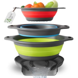 Gevoli Collapsible Colanders with Self-Draining Base for Edge of Sink, Food Strainers (Small/Med/Large), Nested Design for Easy Storage (Red, Blue, Green) (4PC Set)
