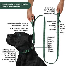 Wagtime Club Soft &Thick Dual Handle Dog Leash, Premium Nylon Double Padded Handles for Medium, Large or XLarge Dog Classic Comfort (Reflective Hunter Green)