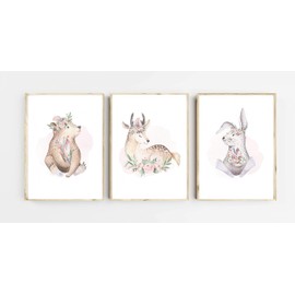 Lemmami Stationery Set of 3 Wall Pictures Children's Room Baby Room Poster Pictures DIN A4 Girls Boys Boho Decoration Bear Deer Rabbit (Set of 3 Pictures Set Pink, Pastel, Wall Decor)